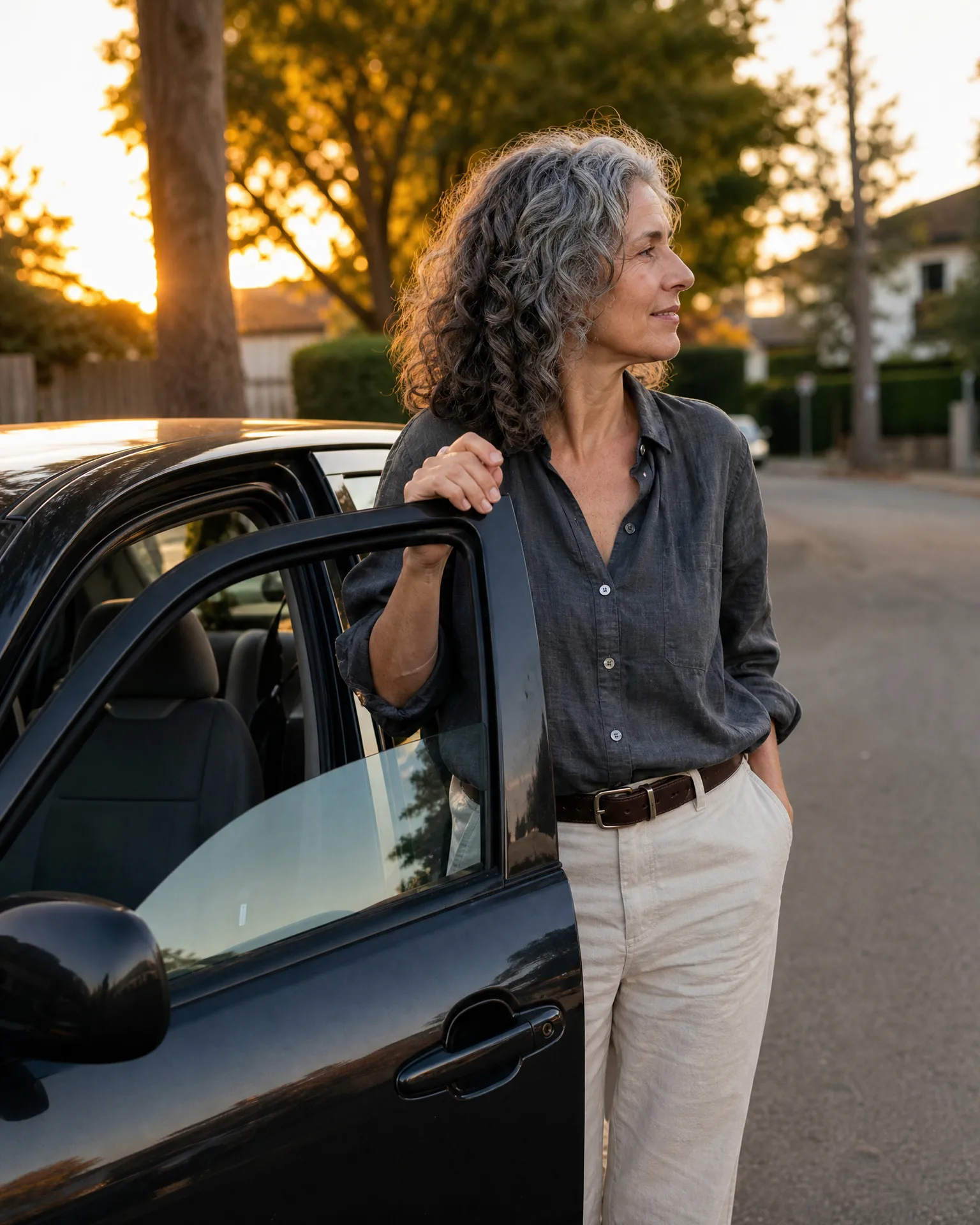 A woman with curly gray hair in a dark button-up shirt and light trousers stands beside an open door of a black car on a residential street at sunset.