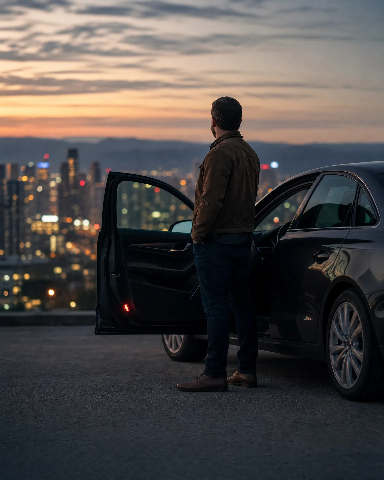 A man in a brown jacket and jeans stands beside a dark sedan with its front door open on a paved overlook, facing a blurred city skyline at dusk.
