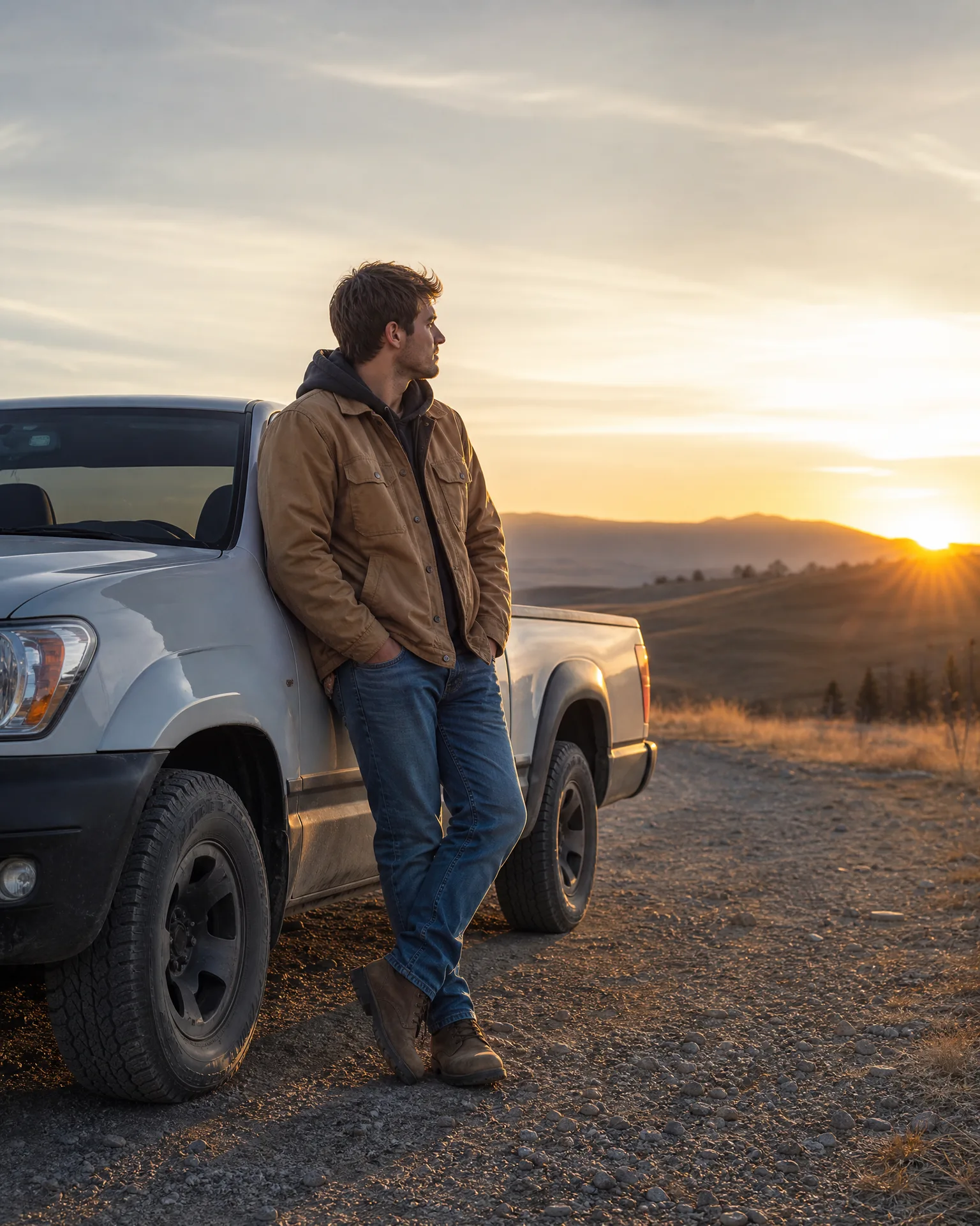 A man in a tan jacket and jeans leans against the side of a white pickup truck on a gravel roadside, looking toward a sunset over rolling hills.
