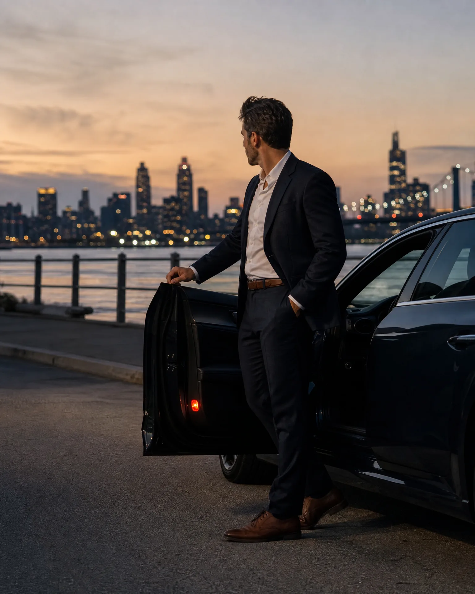 A man in a dark suit and brown shoes stands beside an open rear door of a dark sedan on a paved waterfront lot, with a city skyline at dusk behind him.