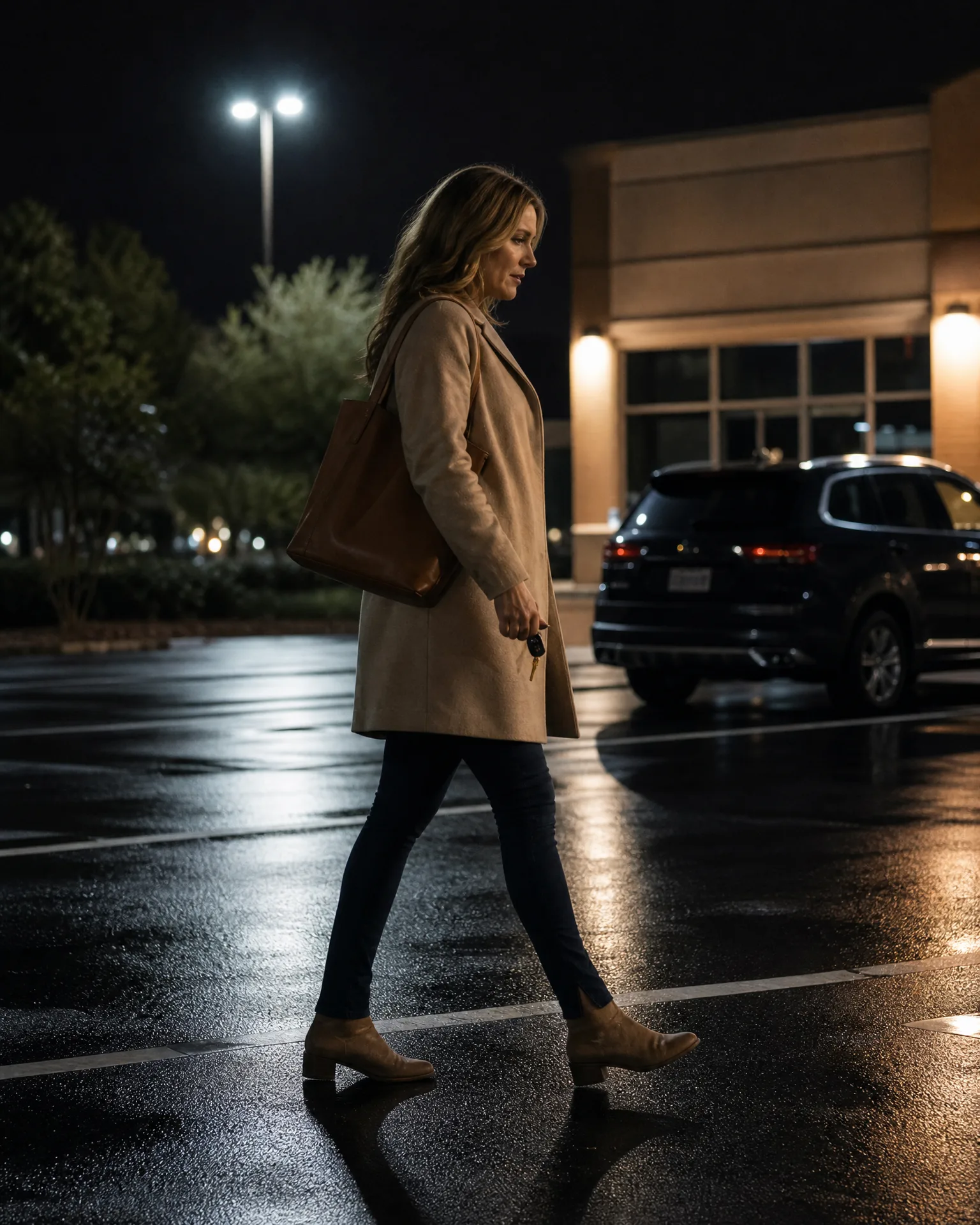 A woman in a tan coat, dark jeans and ankle boots carries a leather tote and holds keys while walking across a wet parking lot at night, with a dark SUV and a lit building behind her.