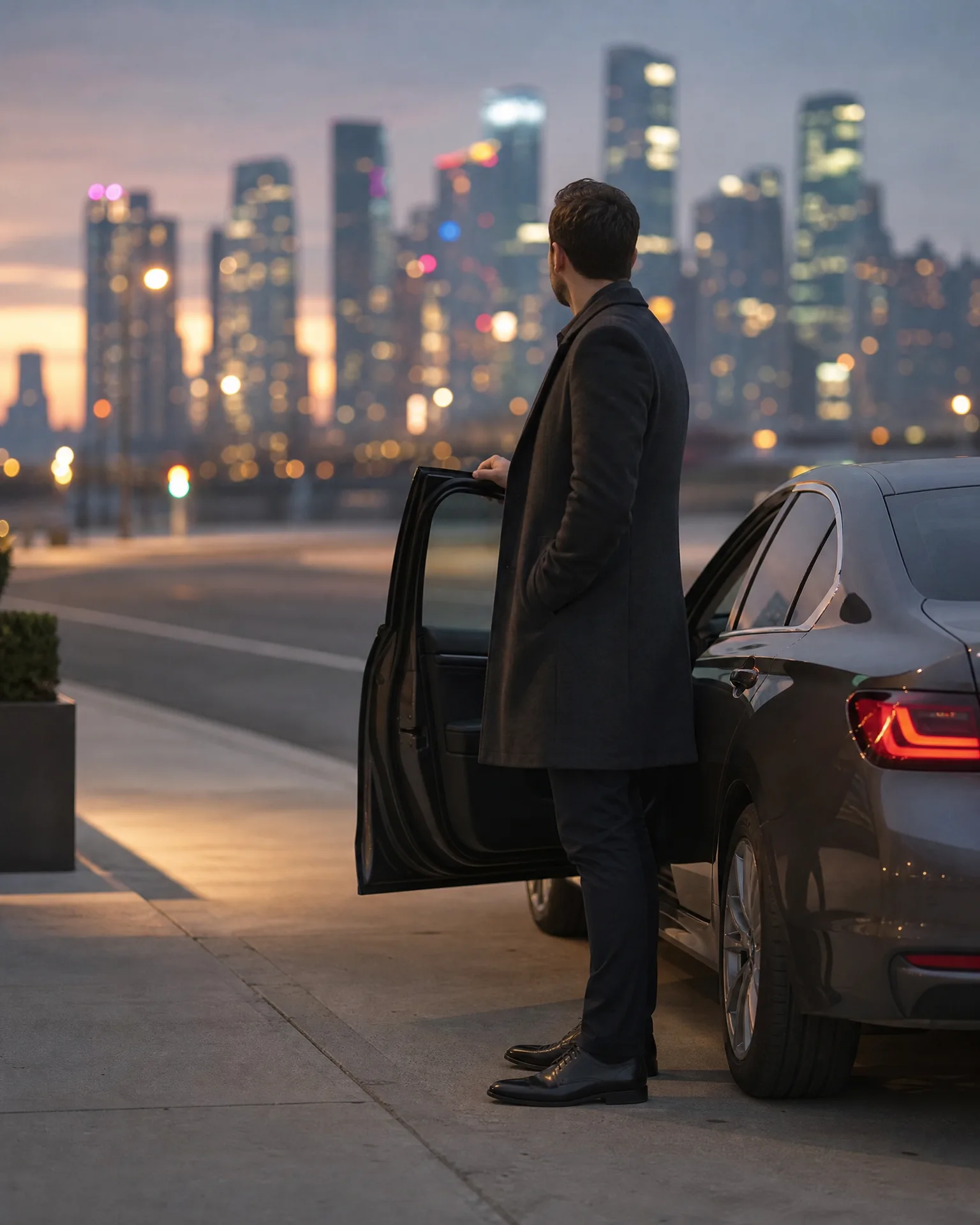 A man in a long dark coat stands on a paved area holding open the rear door of a dark sedan, with a blurred lit city skyline at dusk behind him.