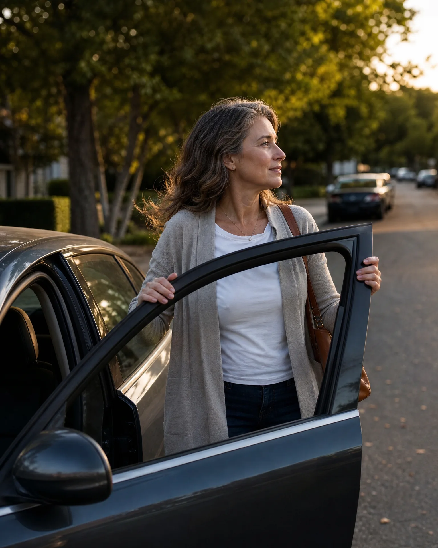 A woman in a white t-shirt and light cardigan with a tan shoulder bag stands beside an open car door on a tree-lined residential street.