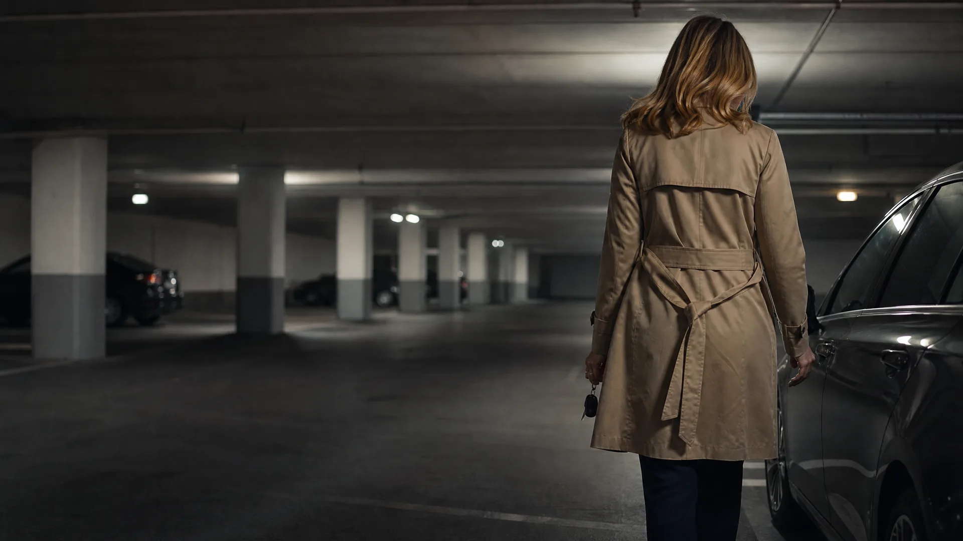 A woman in a beige trench coat, seen from behind holding keys, stands in a dimly lit underground parking garage beside a dark car, with concrete pillars and parked vehicles in the background.