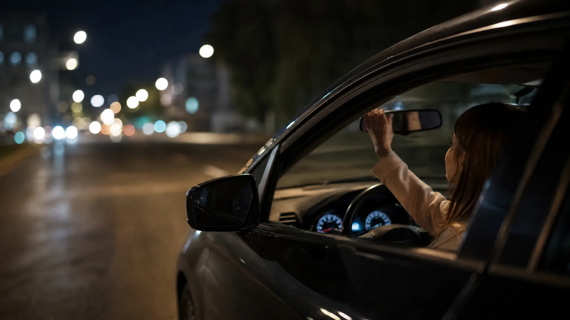 A woman sits in the driver's seat of a car at night, reaching up to adjust the rearview mirror, with blurred street lights visible behind the vehicle.