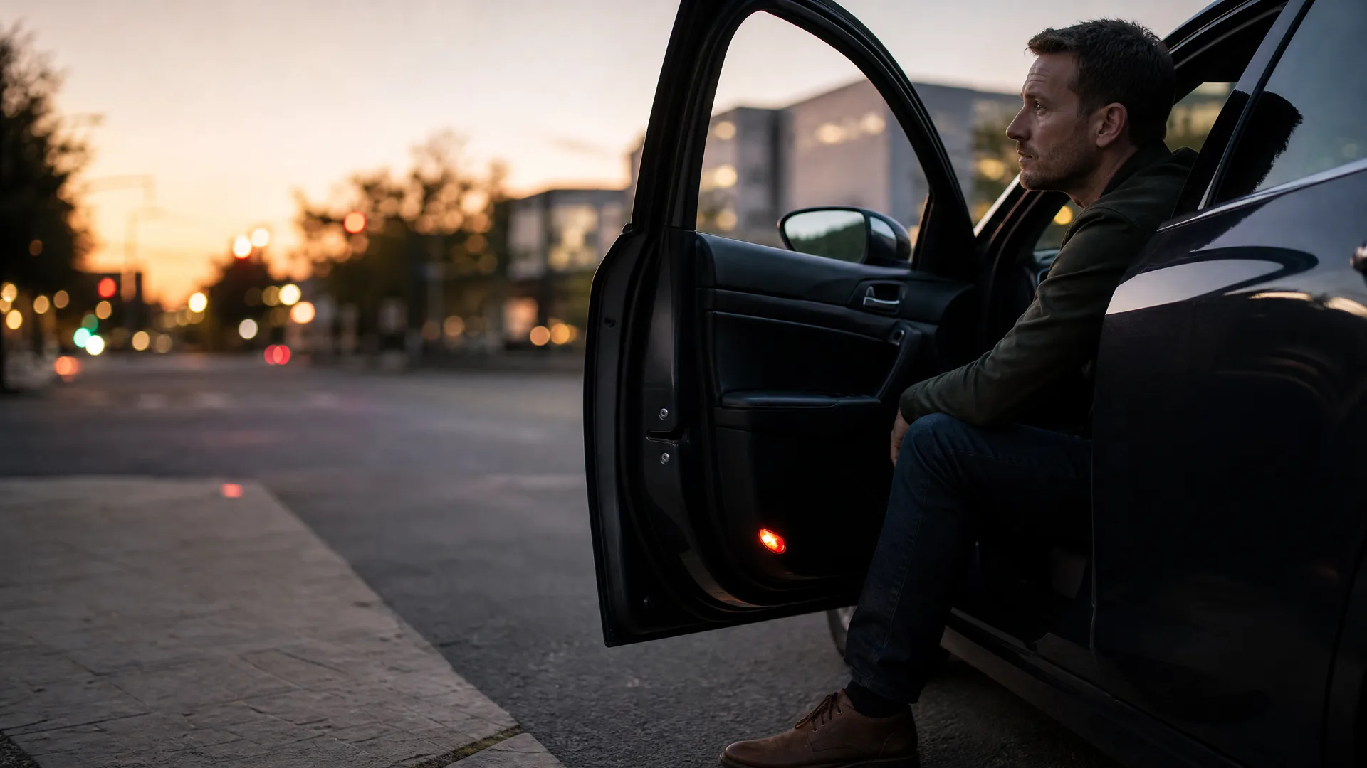 A man in a dark jacket and jeans sits sideways in the open driver's doorway of a dark car at dusk, looking toward a blurred street with distant lights.