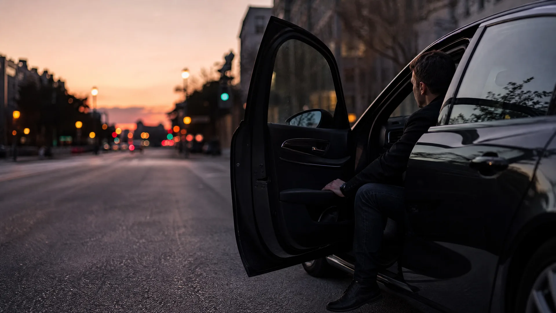 A man in dark clothing sits in the open rear doorway of a dark car parked on a city street at dusk, with blurred streetlights and traffic lights in the background.