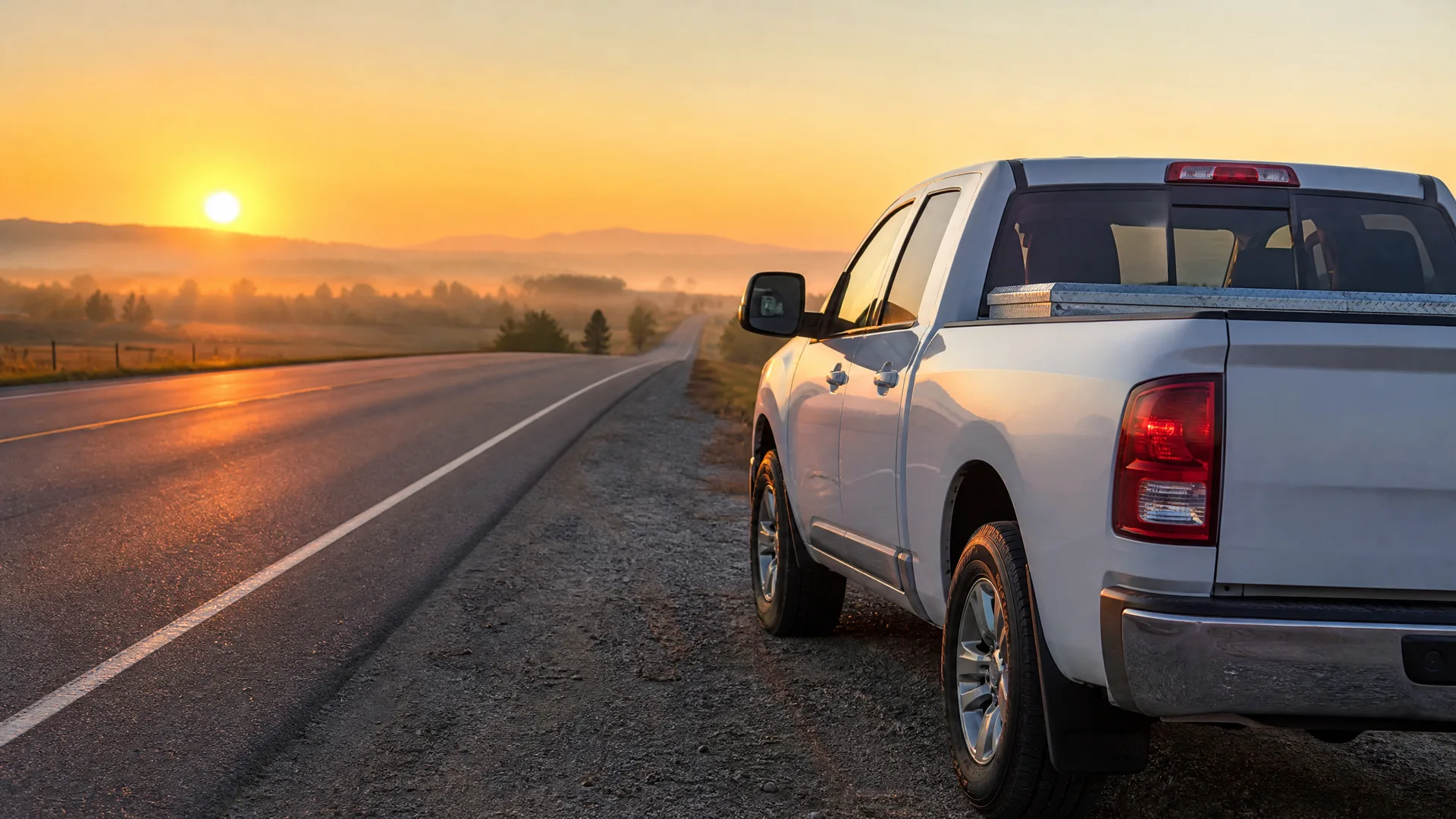 A white pickup truck parked on the gravel shoulder of a two-lane asphalt road at sunrise, with low hills and mist in the background.