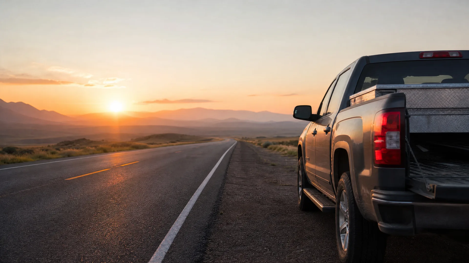 A gray pickup truck parked on the gravel shoulder of a two-lane road at sunset, with low hills and mountains on the horizon.