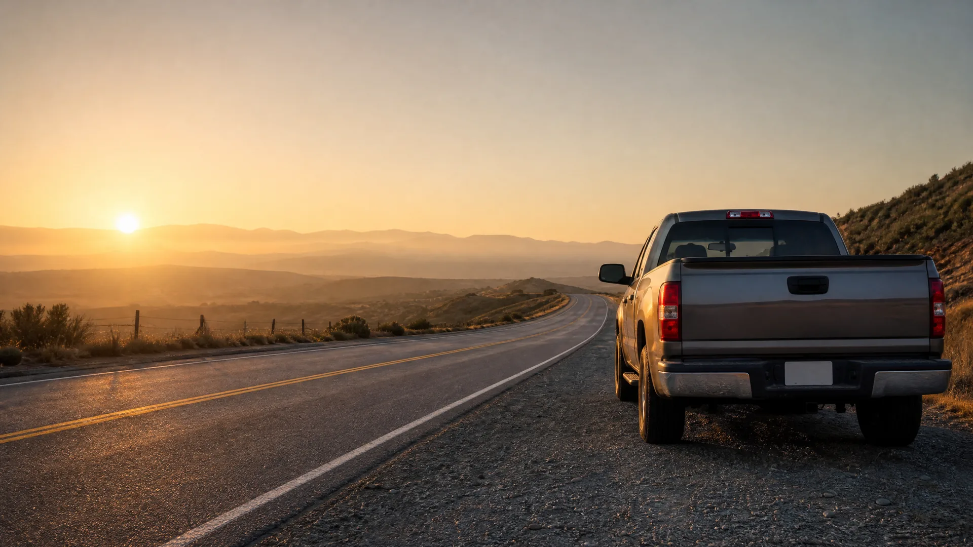 A pickup truck parked on the gravel shoulder of a two-lane road with yellow center lines, with dry hills and distant mountains under a hazy sky at sunset.