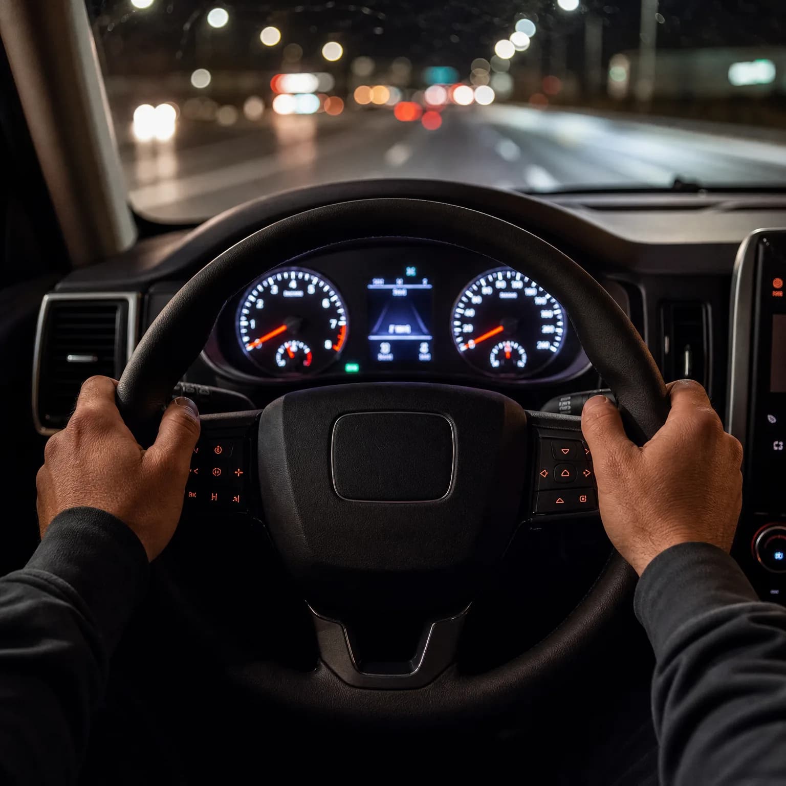 Driver's-eye view from inside a car at night, with two hands gripping the steering wheel, illuminated instrument dials ahead, and blurred road and city lights through the windshield.