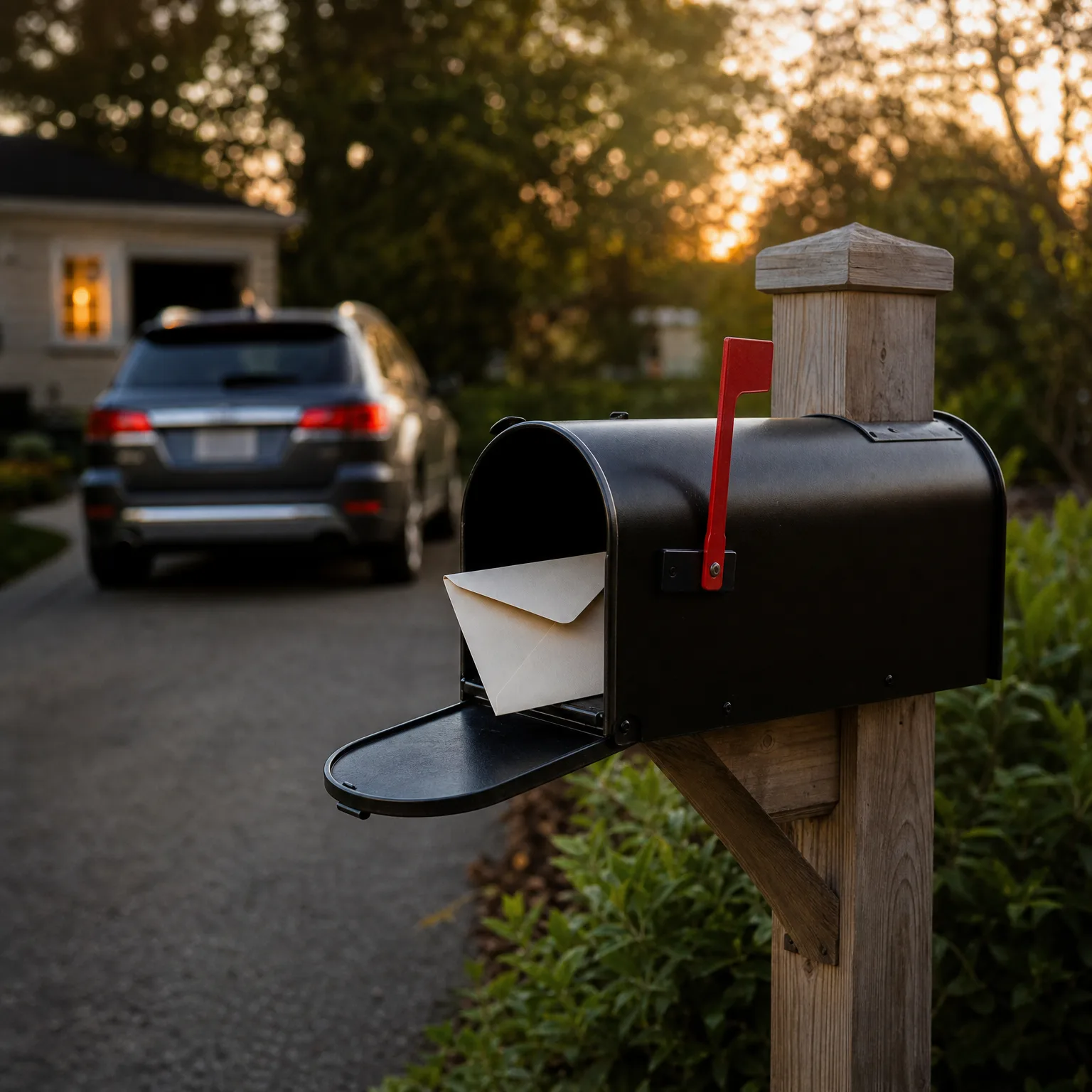 An open black mailbox with a raised red flag on a weathered wooden post, holding a white envelope, with a parked SUV in a driveway and a house blurred in the background.