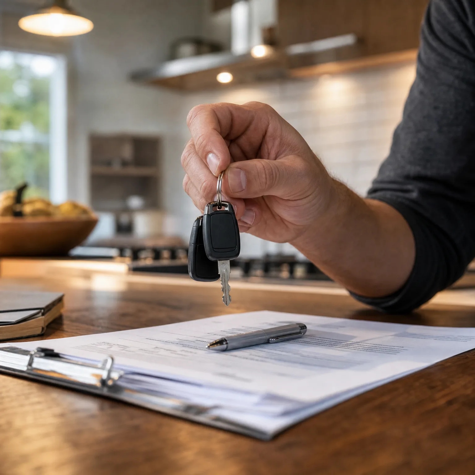 A person's hand holds a key and black key fob above a wooden counter where a pen rests on printed documents attached to a clipboard, with a blurred kitchen in the background.