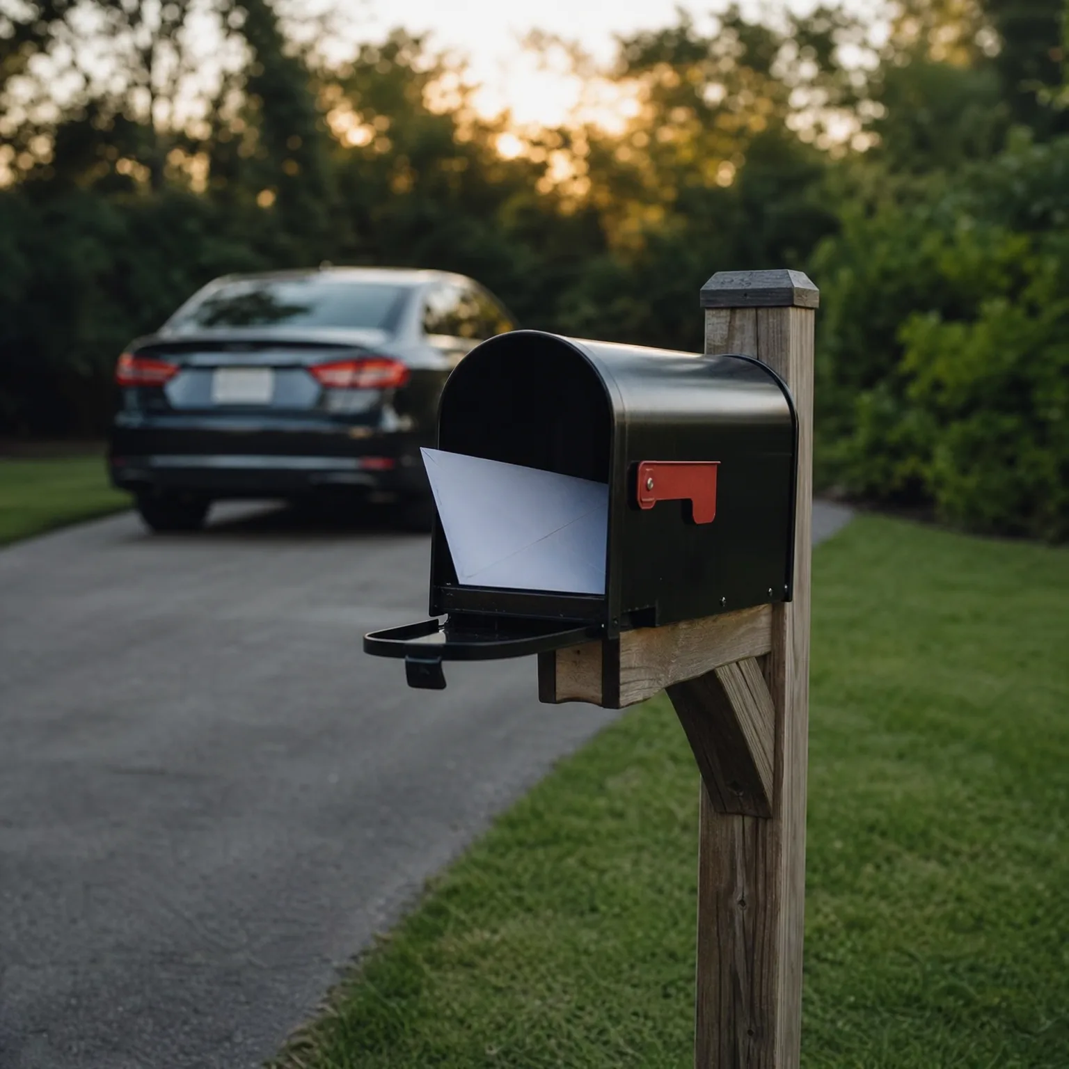 An open black mailbox with a red flag on a weathered wooden post beside a paved driveway, with a dark sedan parked in the blurred background at dusk.