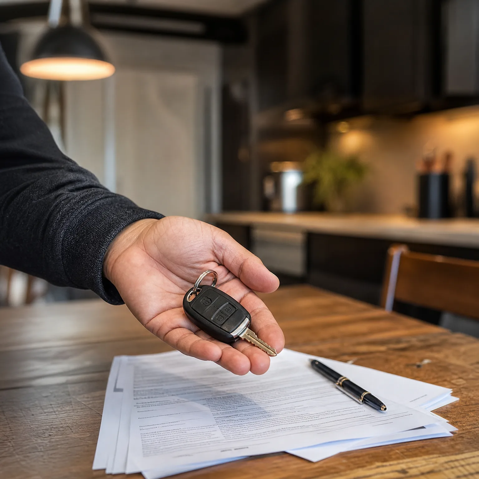 A hand in a dark sleeve holds out a car key with remote fob above a wooden table holding printed documents and a black pen, with a blurred kitchen interior behind.