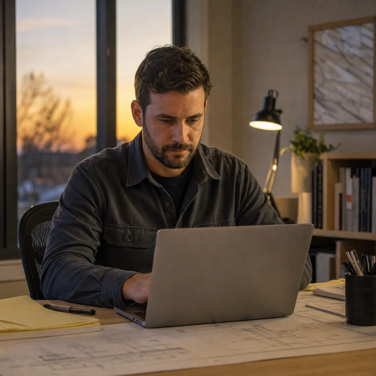 A bearded man in a dark button-up shirt sits at a desk using a laptop, with blueprints, papers and a pen on the desk, a lit desk lamp, bookshelf and a window showing a sunset sky behind him.