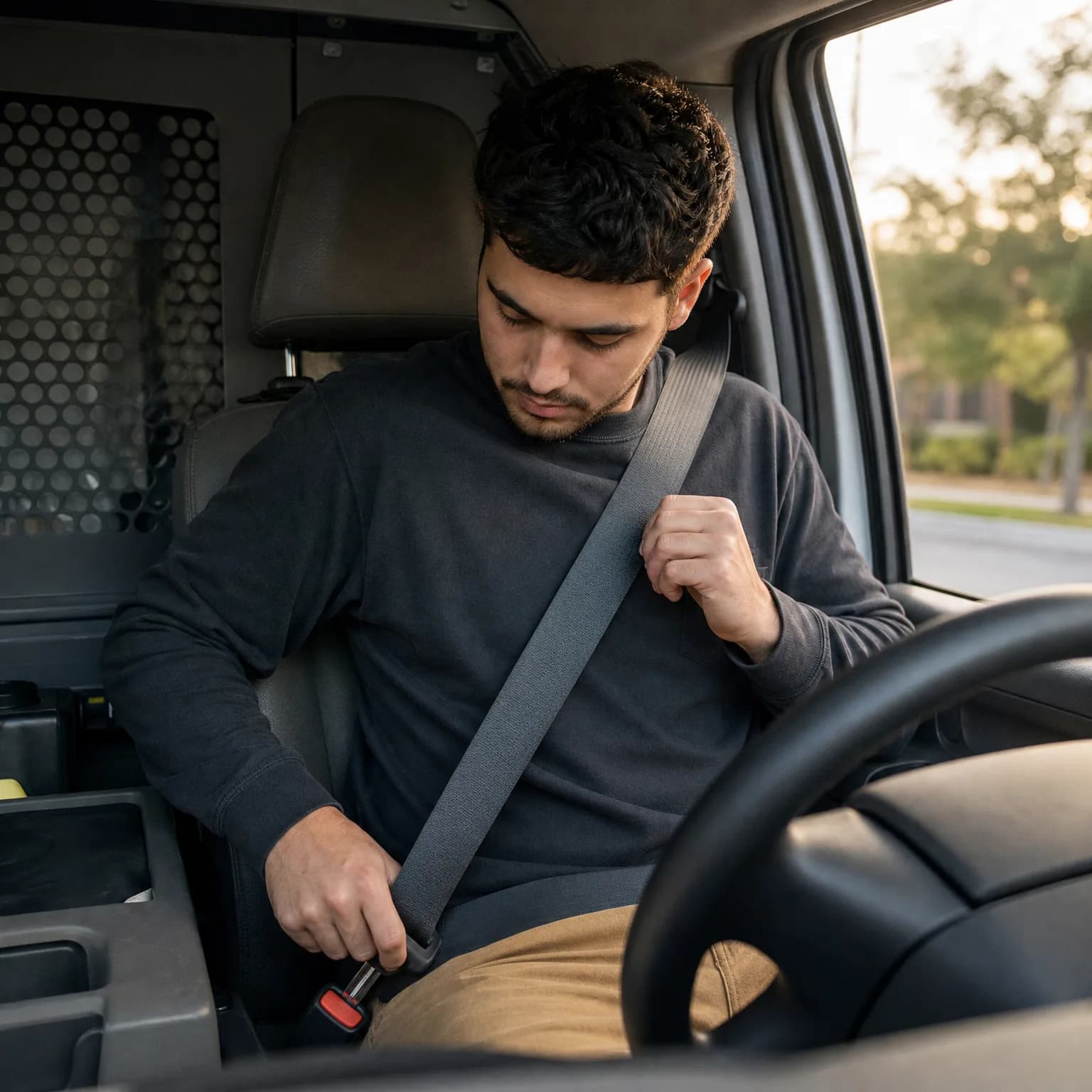 A man in a dark sweatshirt sits in the driver's seat of a van, pulling the seat belt across his chest toward the buckle, with blurred trees visible through the side window.