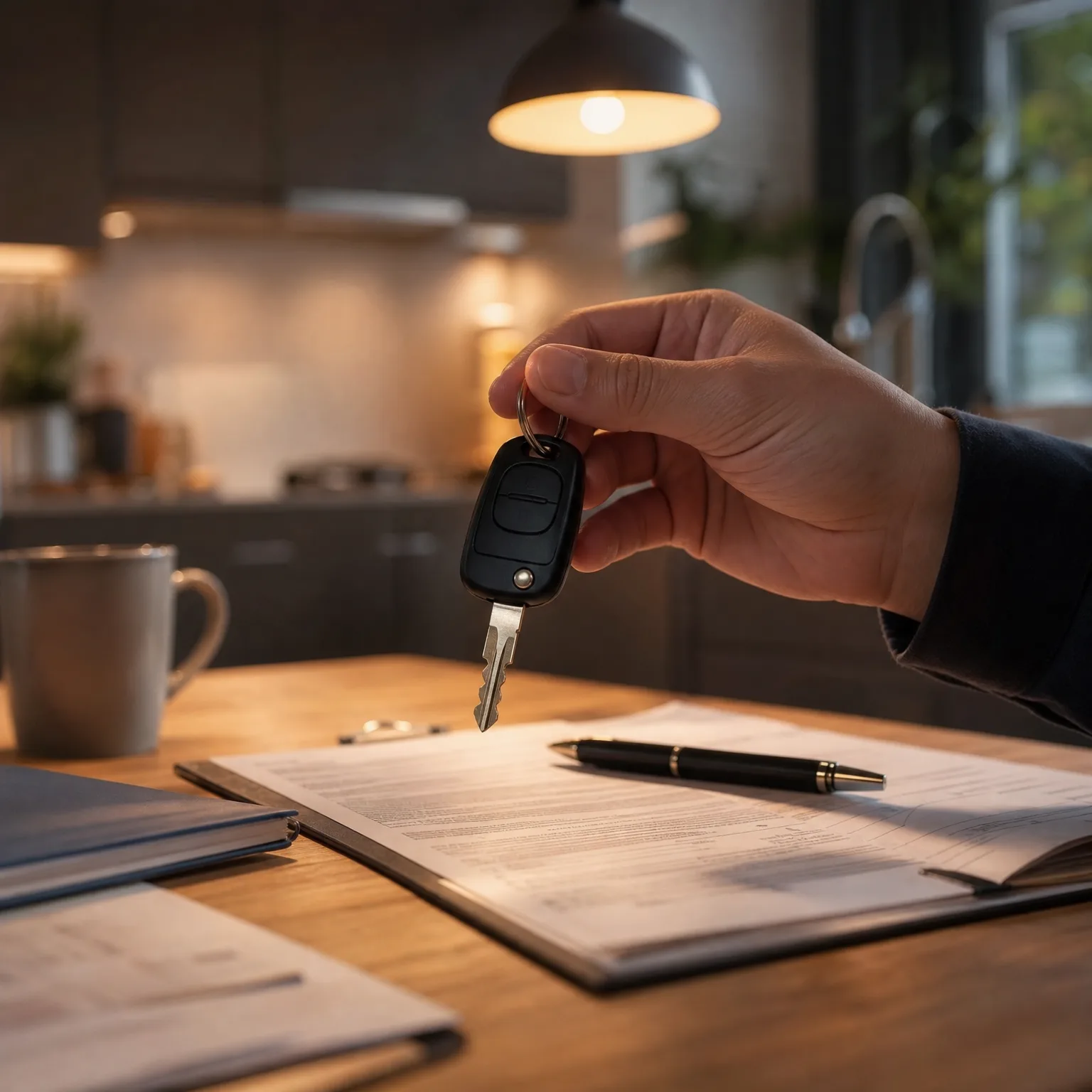 A hand holds a black car key with a keyring above a wooden table holding an open folder of printed documents, a pen, and a ceramic mug, with a blurred kitchen and pendant light behind.