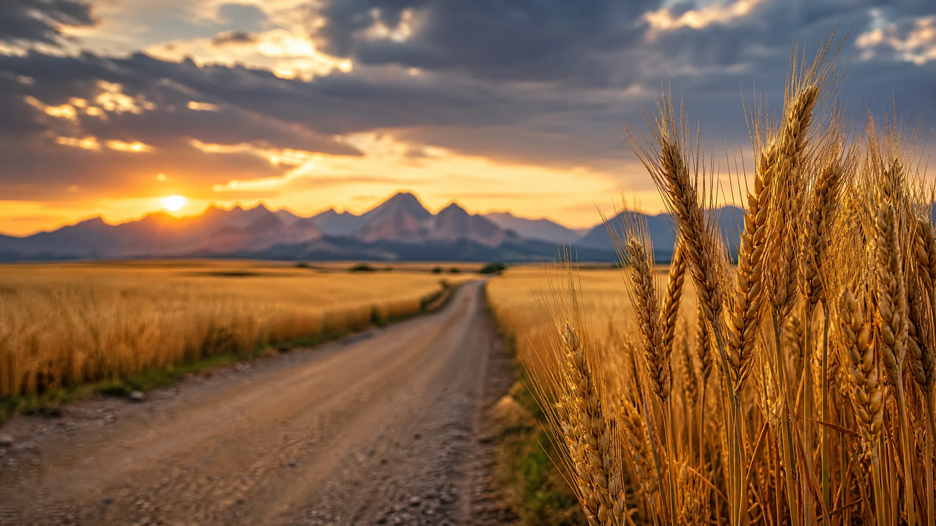 A dirt road runs between golden grain fields toward a distant mountain range at sunset, with wheat heads in sharp focus in the right foreground.
