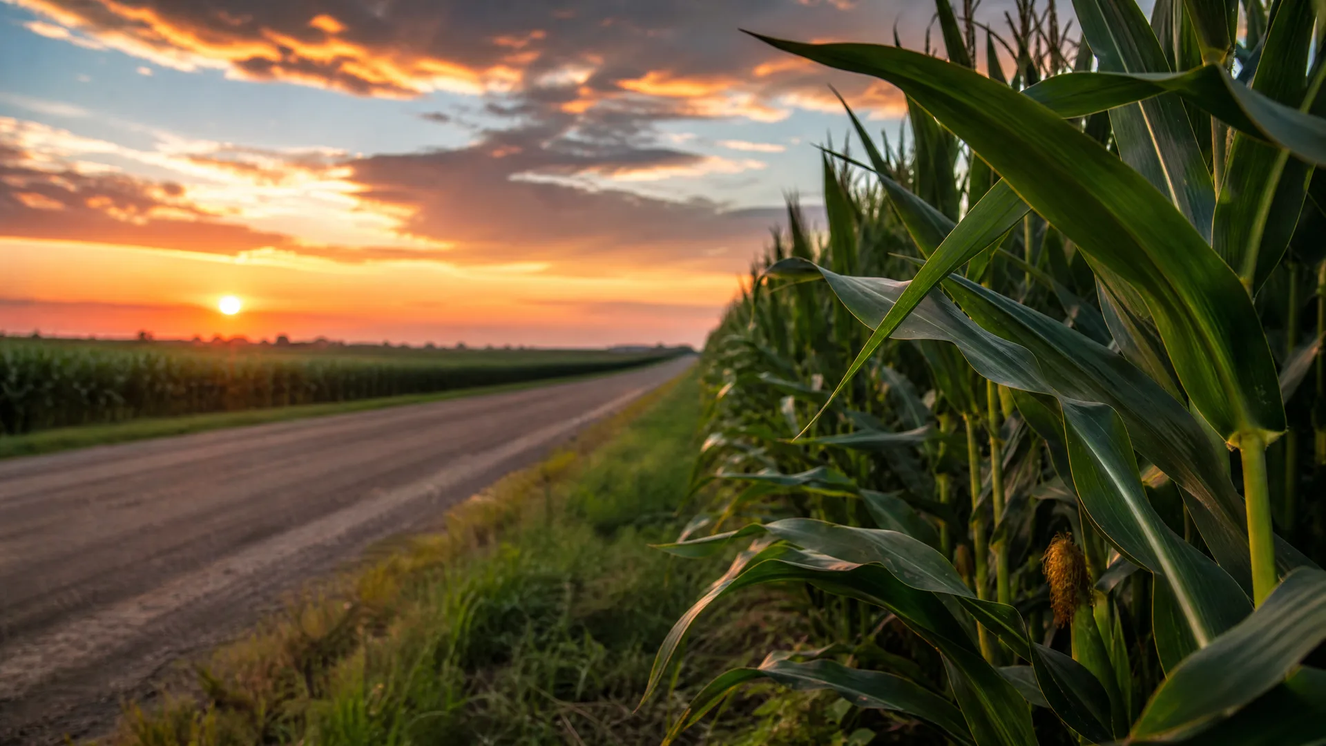 A dirt road runs beside a tall corn field at sunset, with the sun low on a flat horizon under orange and blue clouds.