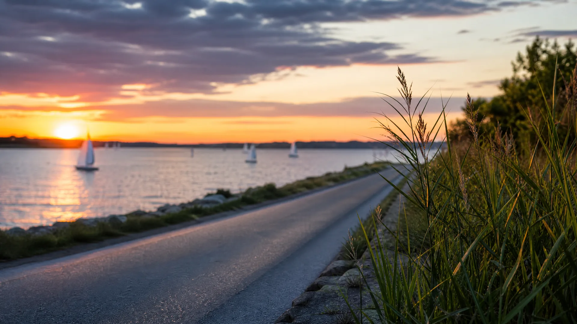 A narrow paved road runs along a coastline at sunset, with tall grasses in the foreground on the right and several sailboats on calm water under an orange and purple sky.