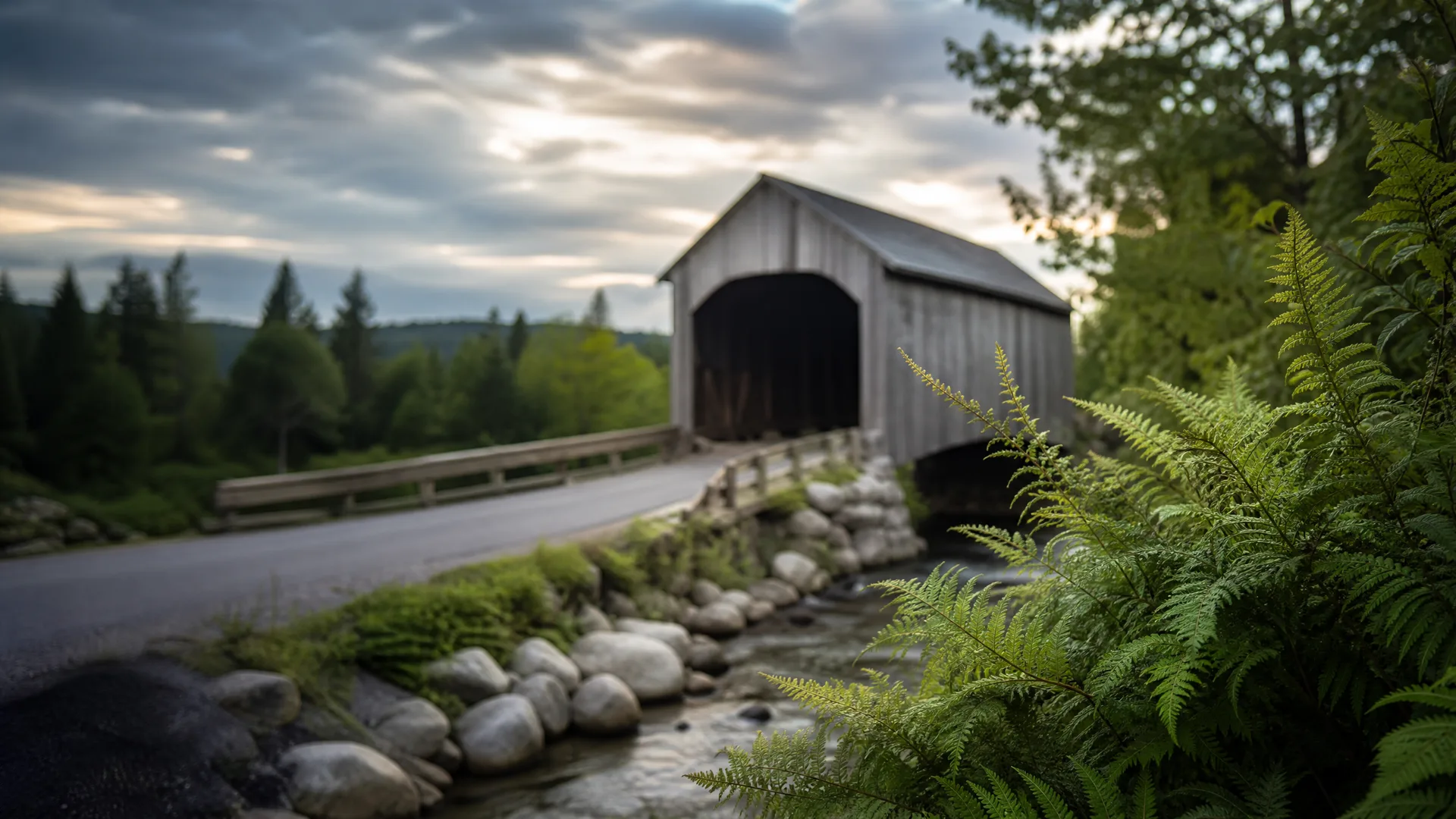 A weathered wooden covered bridge at the end of a paved road, spanning a rocky stream, with ferns in the foreground and evergreen trees under a cloudy sky.