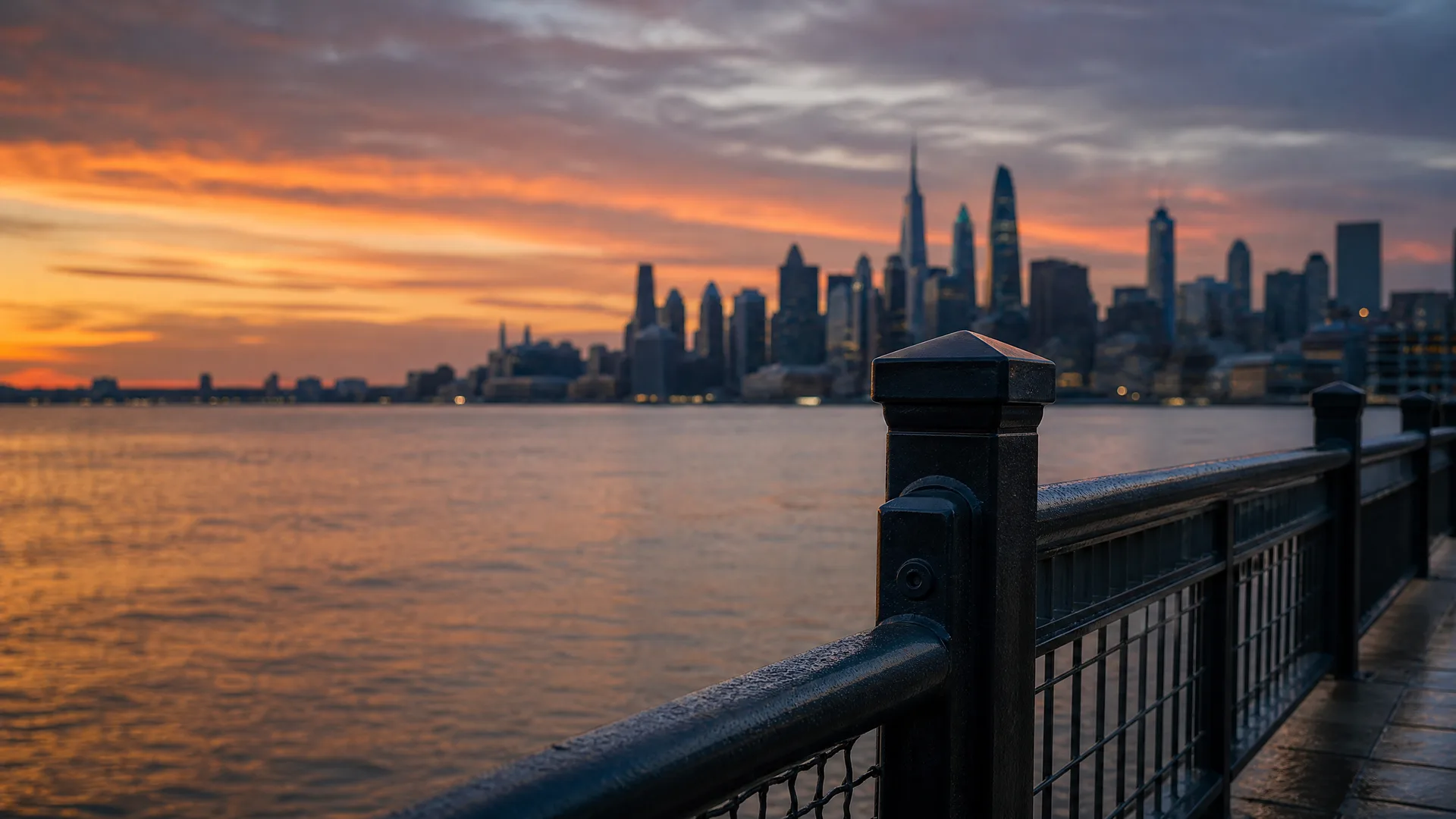 A city skyline across a wide body of water at sunset, seen past a dark metal railing and post in the foreground of a waterfront walkway.