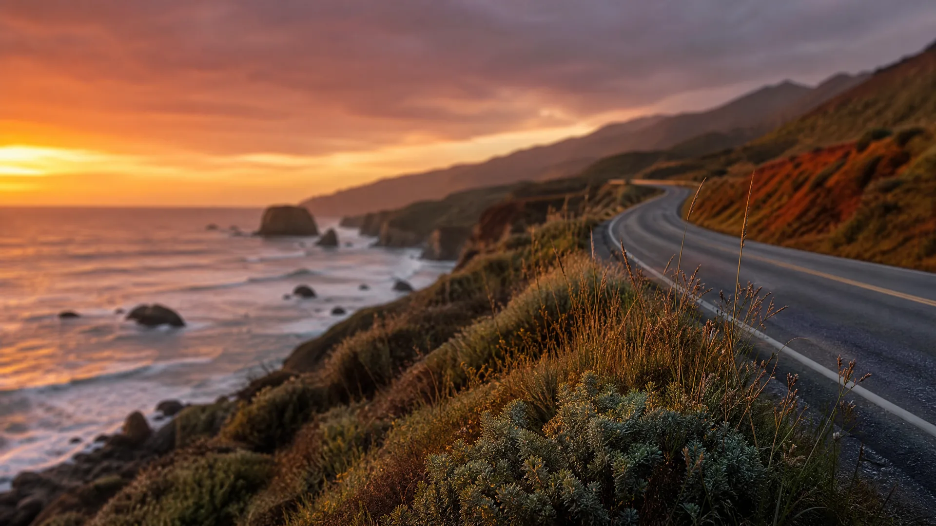 A two-lane paved road curves along a coastal hillside covered in low shrubs and grasses, with sea stacks, surf and a hazy orange sunset over the ocean to the left.