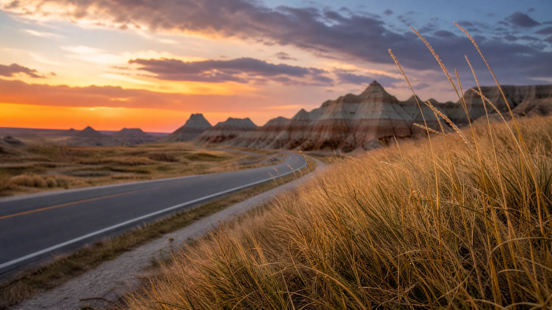A two-lane paved road curves through dry golden grassland toward banded, eroded rock formations under an orange and purple sunset sky.