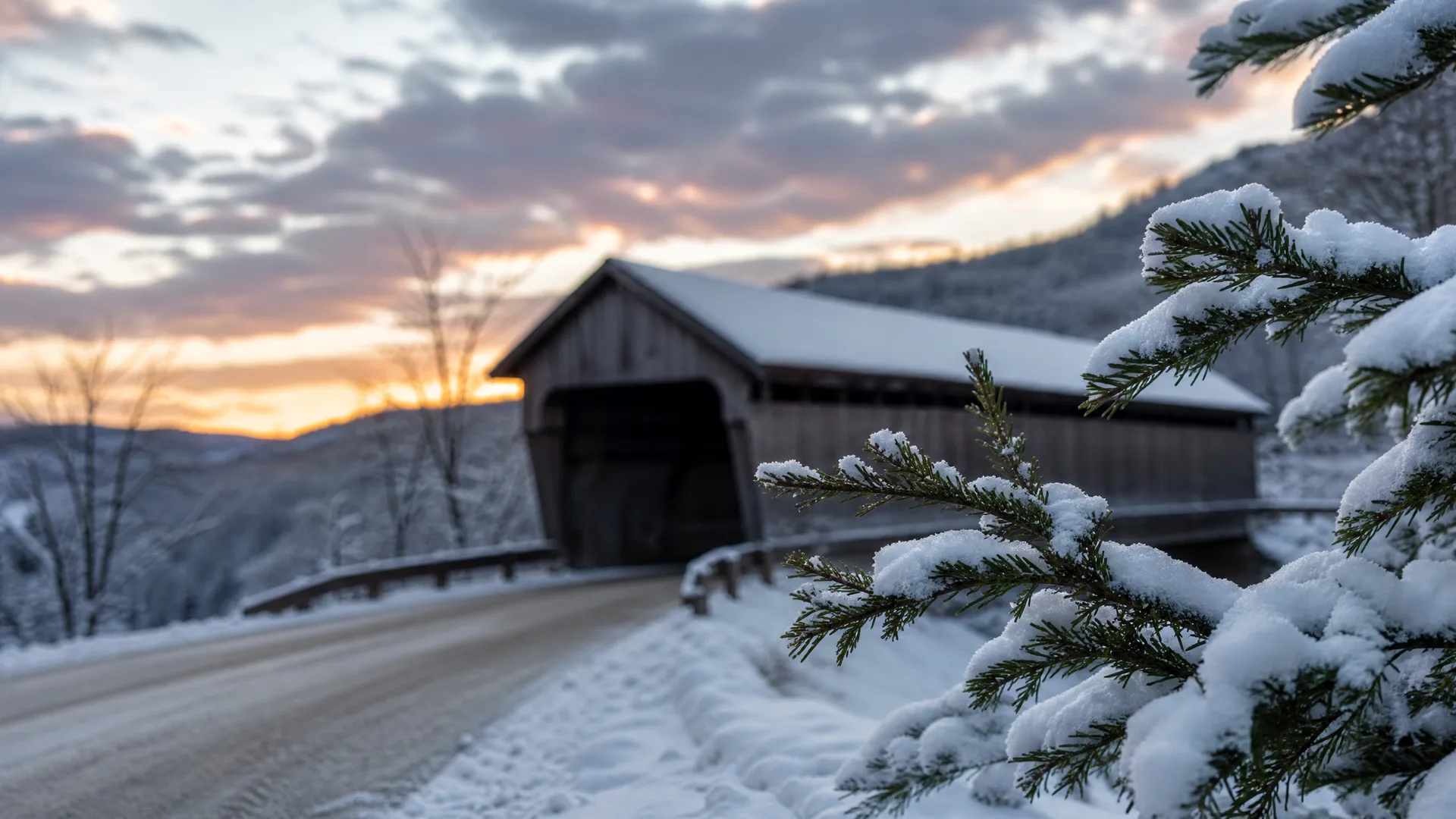A snow-covered road leads to a wooden covered bridge at dusk, with snow-laden evergreen branches in the foreground and hills under an orange and gray sky behind.