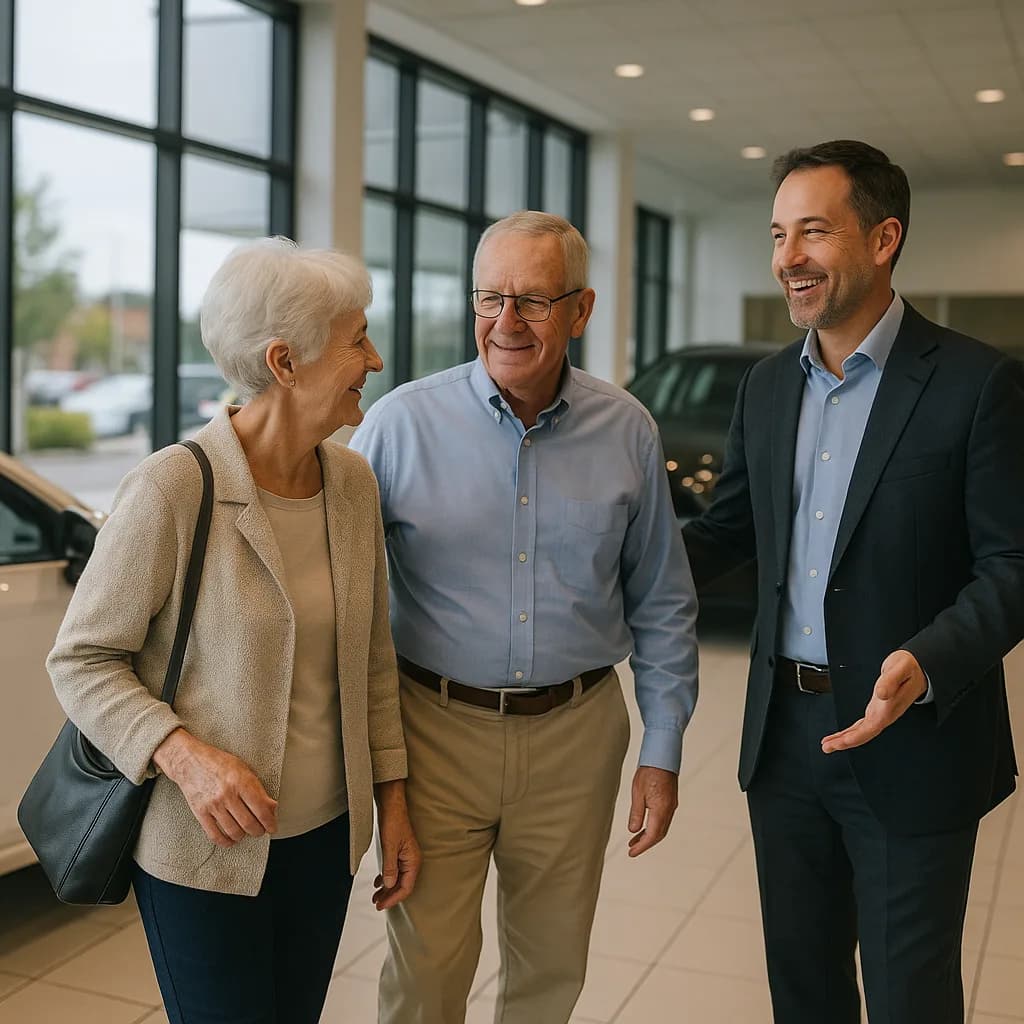 Senior couple meeting with car salesman in modern dealership showroom