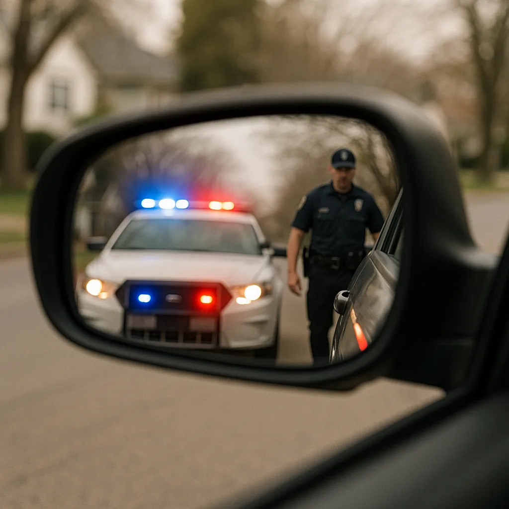 Police officer approaching vehicle during traffic stop viewed in car side mirror with patrol car lights flashing