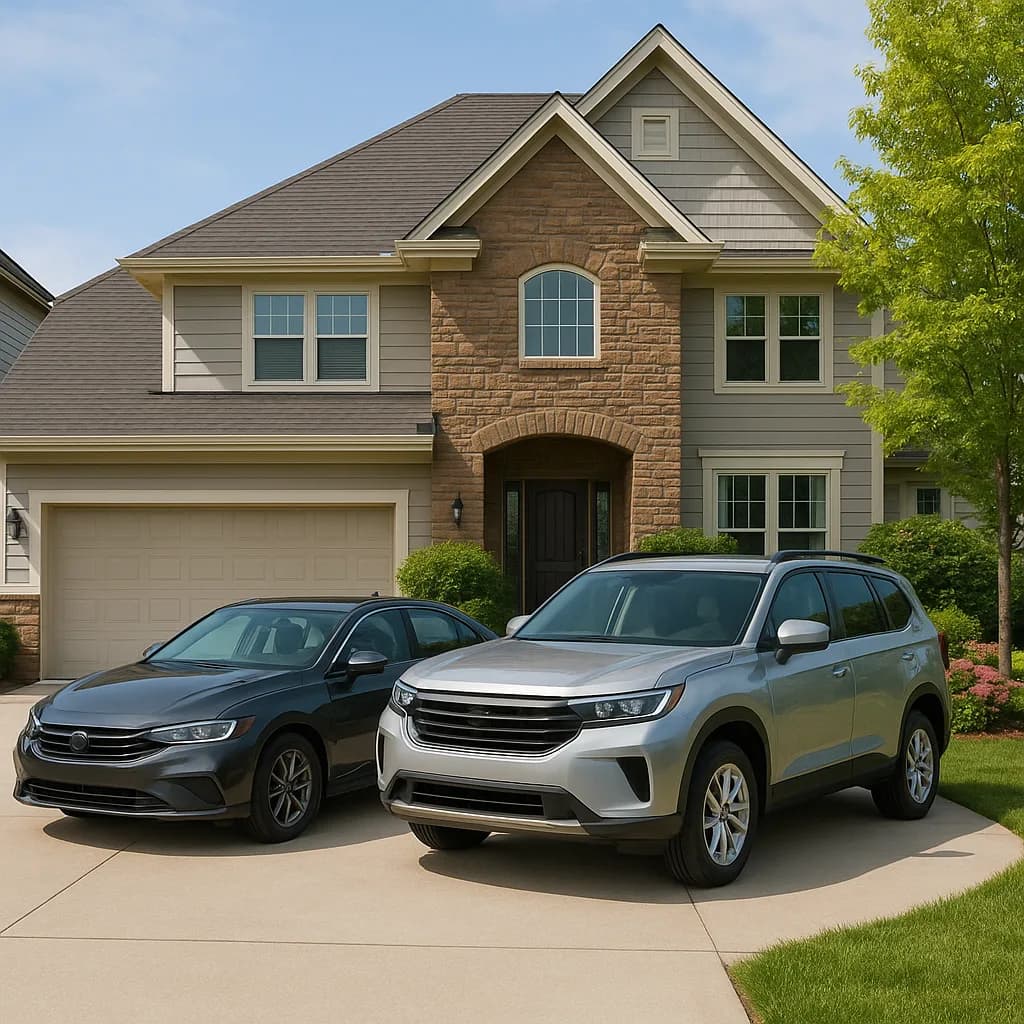 Two cars parked in driveway of suburban home with stone facade and gray siding