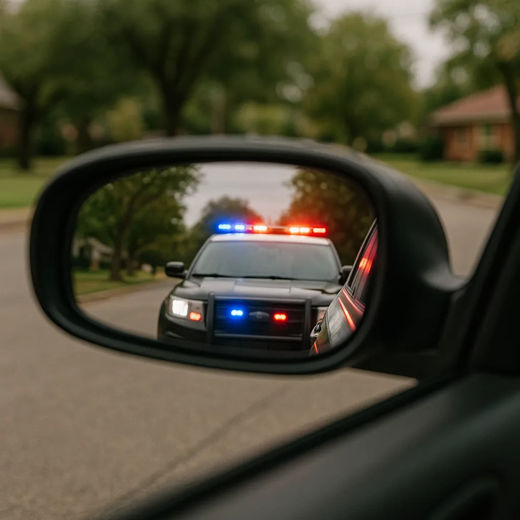 Police car with flashing lights reflected in vehicle side mirror during traffic stop in residential area