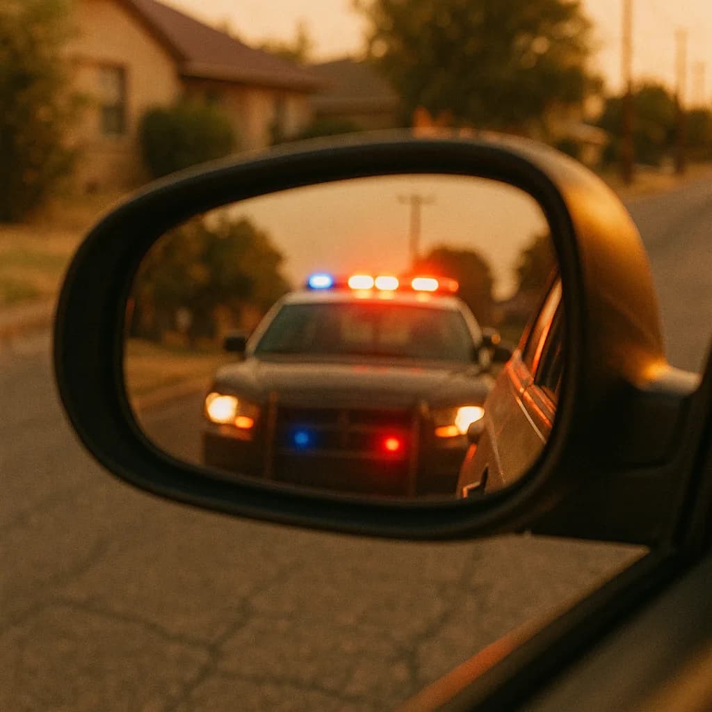 Police car with flashing lights reflected in car side mirror during traffic stop