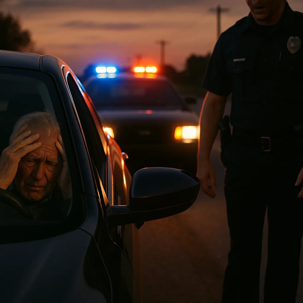 Elderly driver looking stressed during traffic stop with police officer at sunset with flashing lights